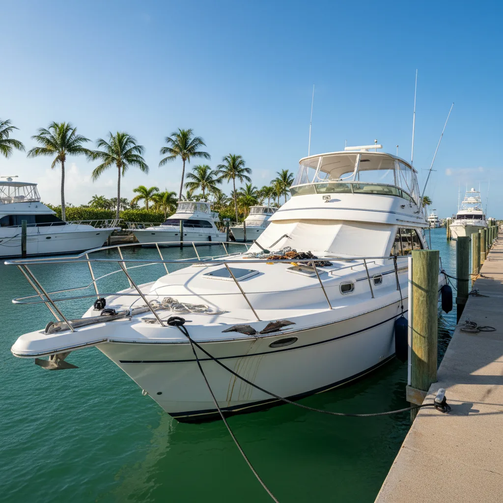 Damaged boat at a Florida marina with insurance paperwork in the foreground
