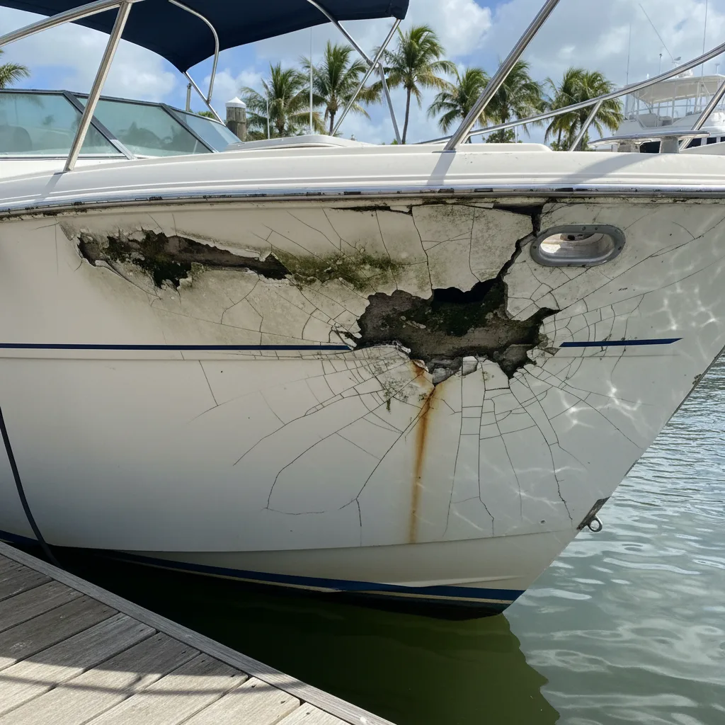 Damaged powerboat at a Florida marina with visible hull and gel coat damage