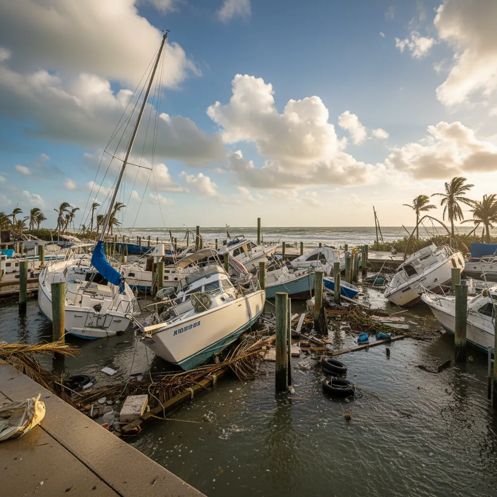 Damaged boat in a Florida marina after a hurricane with insurance paperwork in the foreground
