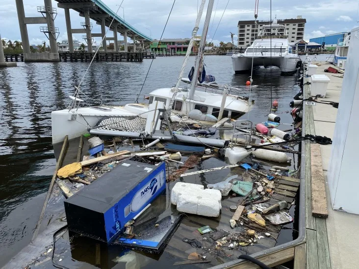 Hurricane-damaged boats at a South Florida marina after a major storm
