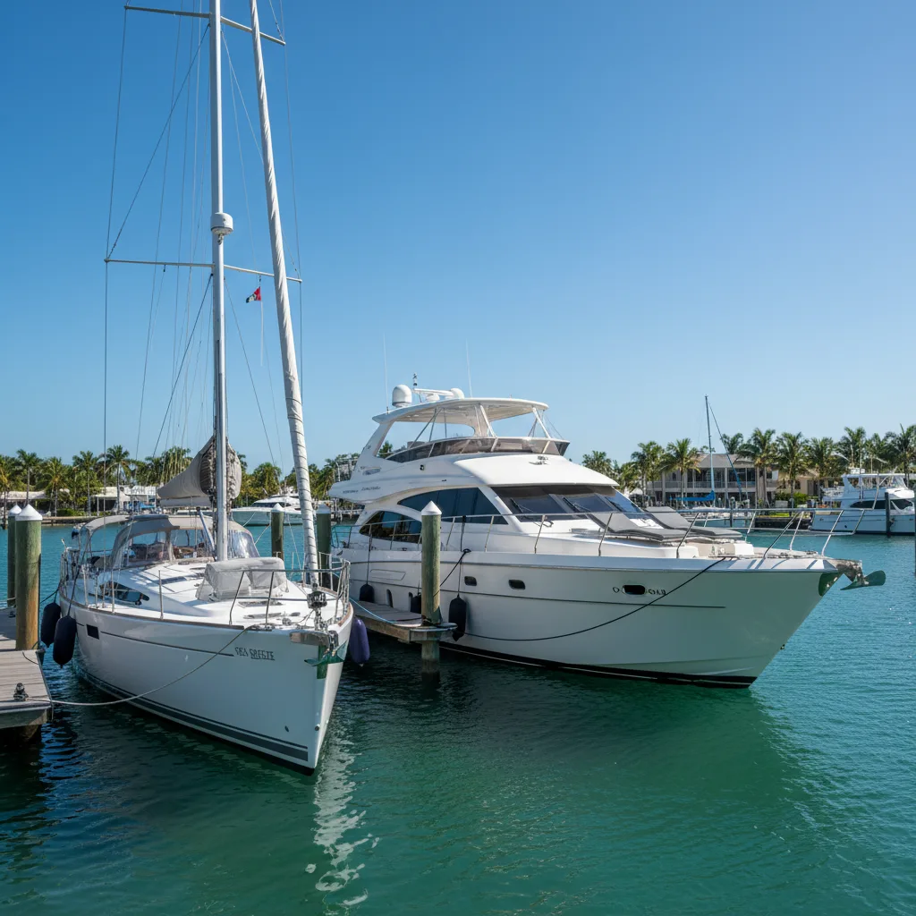 Split image of a sailboat under sail and a powerboat at speed in South Florida waters
