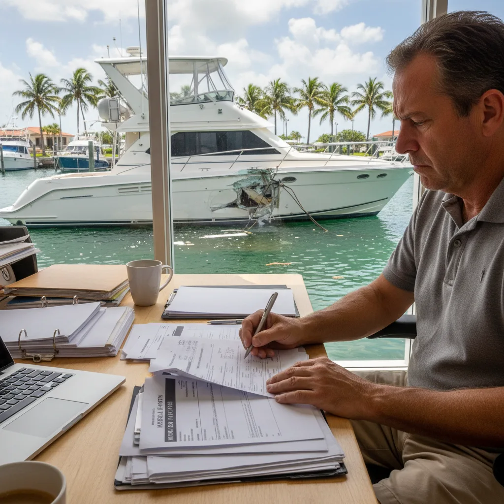 Boat owner reviewing an insurance settlement document with a concerned expression at a marina office