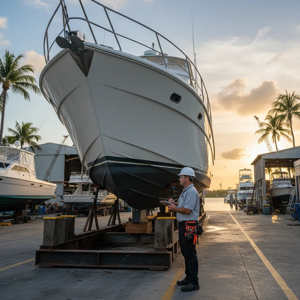 Marine public adjuster inspecting hull damage on a yacht at a Florida marina